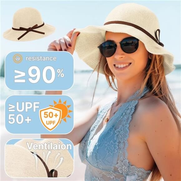 Women\'s Summer Sun Hats Wide Brim Beach Hat UPF 50+, Beige main image 7